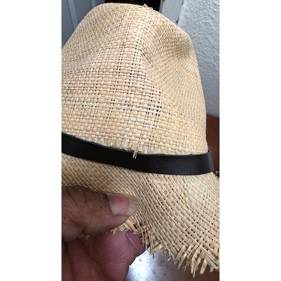 Scala Pronto Women's Natural Woven Straw Fedora Black Band & Blue Stone Accents - Picture 6 of 8